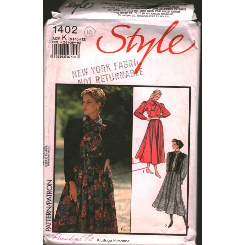 Vintage Style 1402 Dress Jacket Vest Sewing Pattern Size K 8 10 Retro 80s 90s